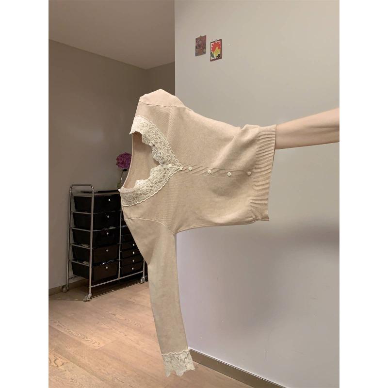 Весенняя кружевная трикотажная базовая рубашка с V-образным вырезом, женский облегающий и тонкий внутренний топ, мягкий восковой свитер, уменьшающий возраст