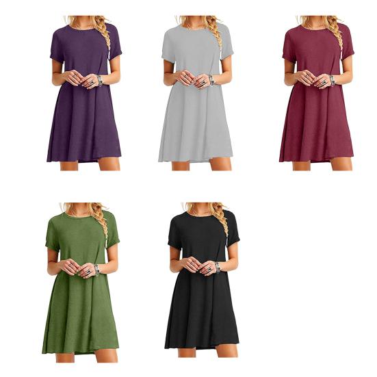 Summer Mini Dress Short Sleeves A-line Round Neck Solid Color Above Knee Length Simple Style Short Dress Dating Beach Party Dress
