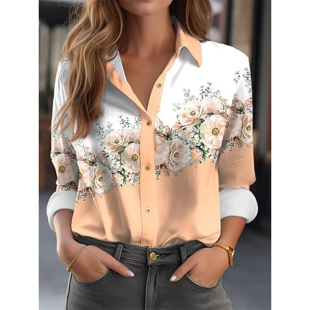 Women Satin Floral Blouse Long Sleeve Button Down Shirt Turn Down Collar Silky Loose Fit Elegant