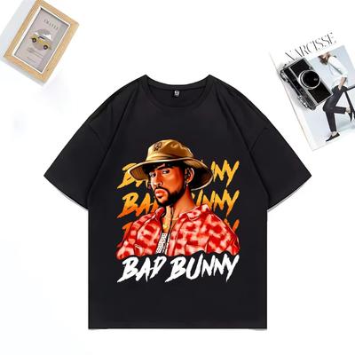 Горячая Распродажа Футболка с Графикой Bad Bunny Мужская Женская Летняя Винтажная Высококачественная Футболка Хлопок Унисекс Короткий Рукав Хип-Хоп Футболки