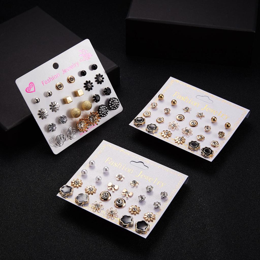 12 Pairs of Zircon Stud Earrings: Pearl, Flower & Bow Designs