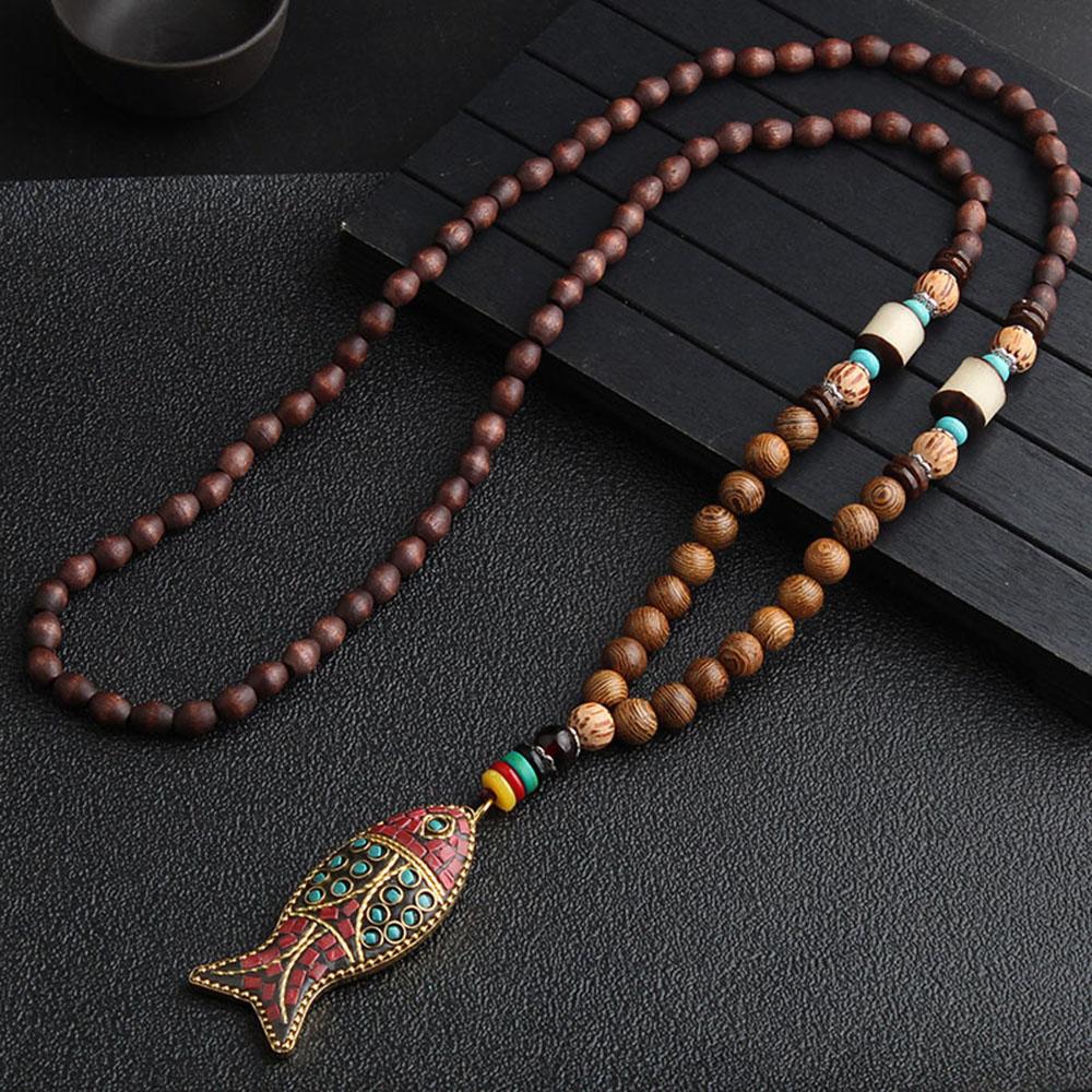 Men Handmade Nepal Horn Mala Buddhist Pendant Wood Beads Necklace Long Necklace
