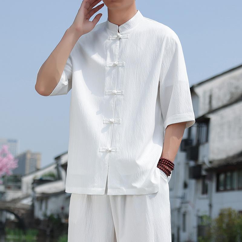 Летняя рубашка в китайском стиле с диском на пуговицах и рукавом три четверти, мужская повседневная рубашка с воротником-стойкой, однотонная рубашка больших размеров