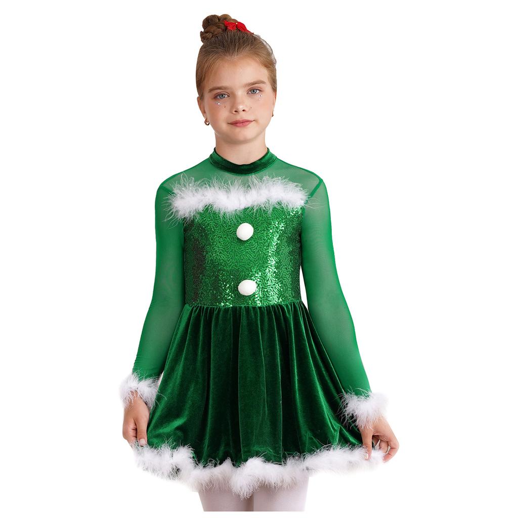 Girls Christmas Shiny Sequin Dance Dress Long Sleeve Feather Keyhole Back Jumpsuit Dress Performance Costume