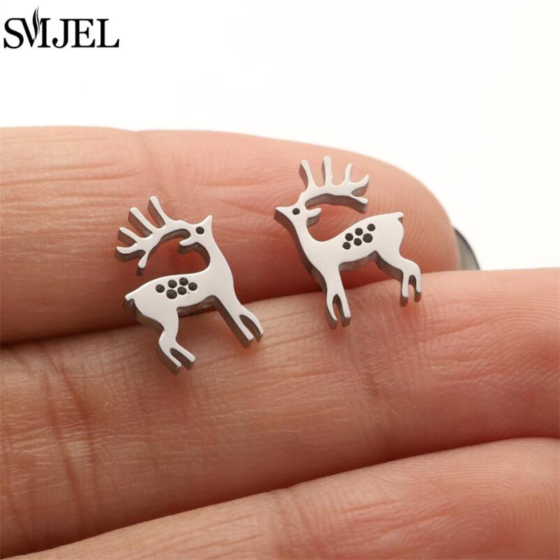 SMJEL Minimalist Silver Color Deer Horn Earrings Women Christmas Jewelry Cute Elk Antler Ear Studs Unique Tree Branch Earings