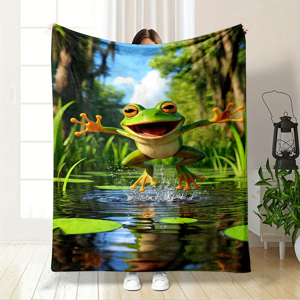 A cheerful frog is leaping energetically from water among lily pads. for all seasons blanket lunch break throw gift