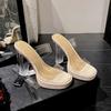 High Heels Women's Summer 2025 New Outer Wear One-word Drag Super High Heel Waterproof Table Sandals Transparent Crystal and Slippers