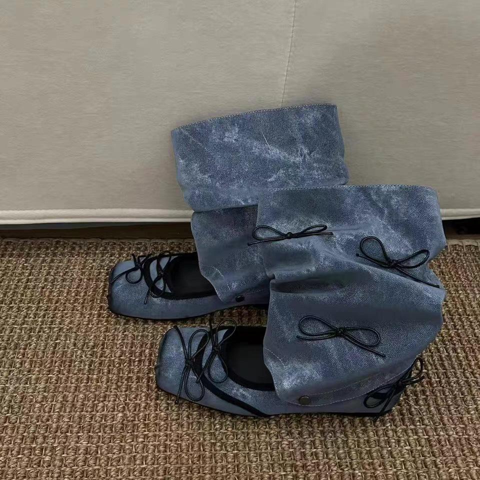 Two Wear Detachable Boots Early Autumn New Low Tube Flat Bottom Bow Dark Wind Fashion Mary Jane Boots Women