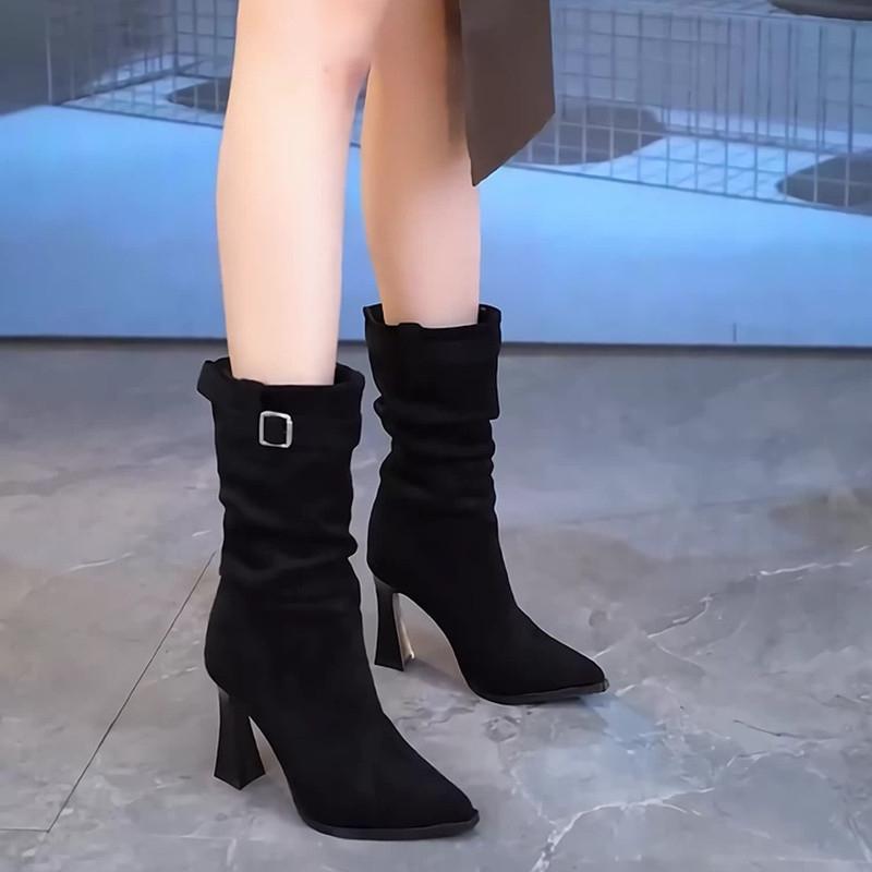 Fashion Pleated High-heeled Mid-calf Boots for Women 2025 autumn/Winter New Style Pointed-toe Stiletto Boots, Elegant Short Boots