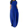 Women O-neck Short Sleeve Maxi Dress Loose Hem Side Pockets High Waist Solid Color Long Dress Streetwear
