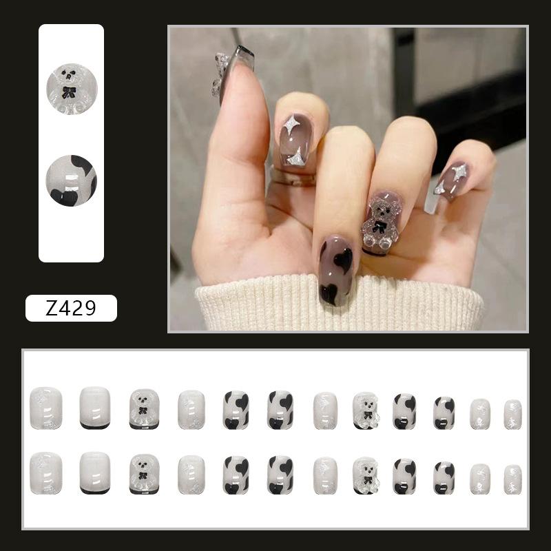 24Pcs Frosted Smoky Black Ripple Fake Nails Full Coverage Removable Press On Nails Finished Nail Stickers
