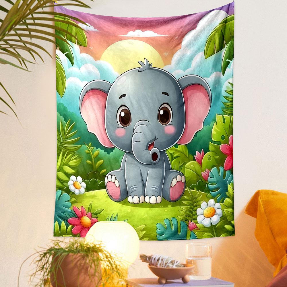 Cute Cartoon Baby Elephant in Jungle Scene Patterned Tapestry Decorative Wall Hanging, Home Bedroom Living Room Decor