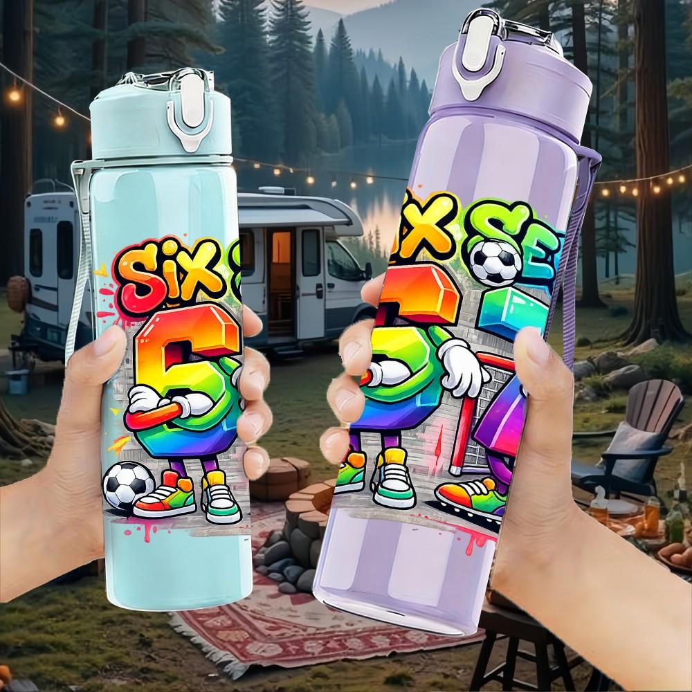 1PC 57 Bright Color Graffiti Print 750ml Color Plastic Sports Water Bottle Leakproof Flip Straw Lid Suitable for Sports Office Home Use