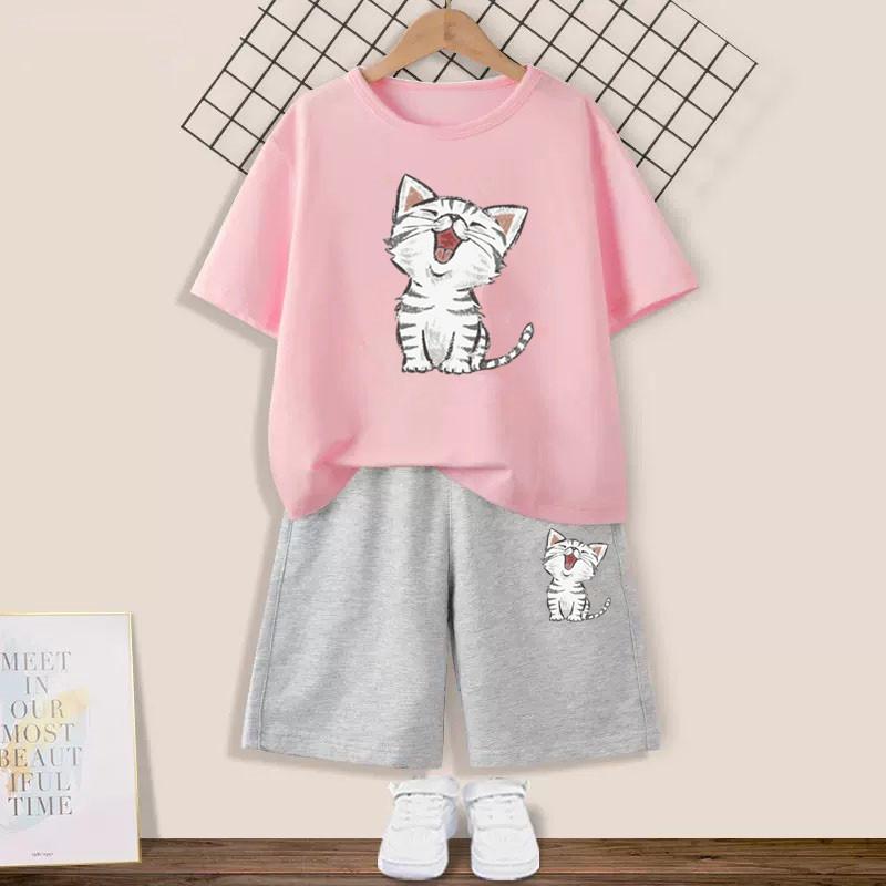 Милый комплект одежды с принтом «Счастливый кот» для девочек, летняя мода, футболка с коротким рукавом и шорты, комплект из 2 предметов, детская одежда