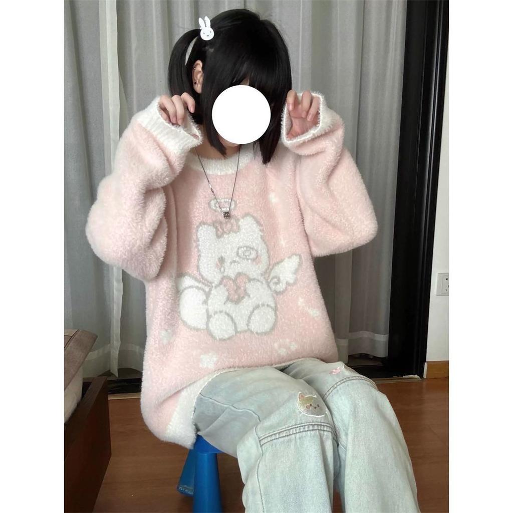 Y2k Милые вязаные пуловеры для женщин в японском стиле Kawaii Harajuku с мультяшным принтом в стиле пэчворк свободный свитер мягкие топы для девочек