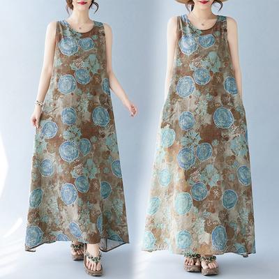 Летнее художественное свободное платье без рукавов с круглым вырезом и принтом средней длины для женщин, повседневные платья