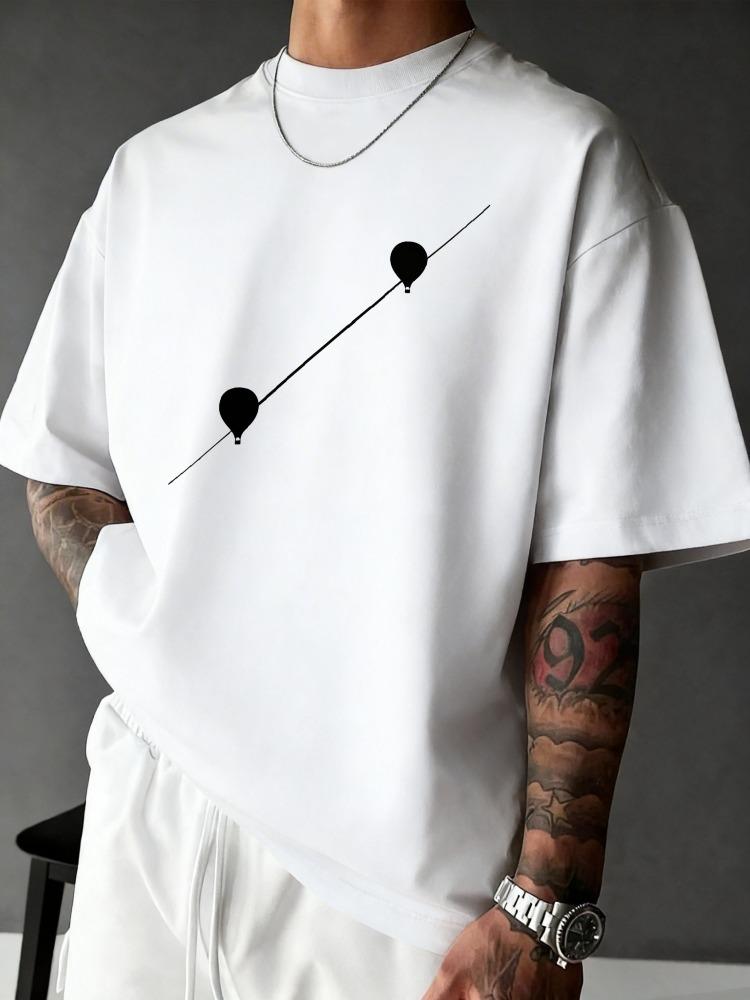 Unisex White Crew Neck Tee Simple Balloon Line Print Loose Oversized Short Sleeve Unisexs Streetwear Summer Casual Basic Top