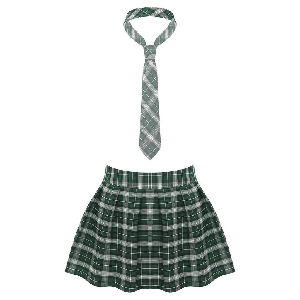 Women Plaid Pleated Mini Skirt with Attached Necktie School Uniform Style Zipper Closure Fancy Dress Costume