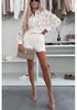 2025 European & American Casual Turn-Down Collar Top with Lace Shorts Set