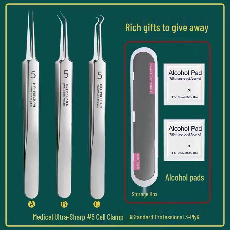 3-Piece Blackhead Removal Kit: Ultra-Fine Needle, Tweezers & Scraper for Closed Comedones