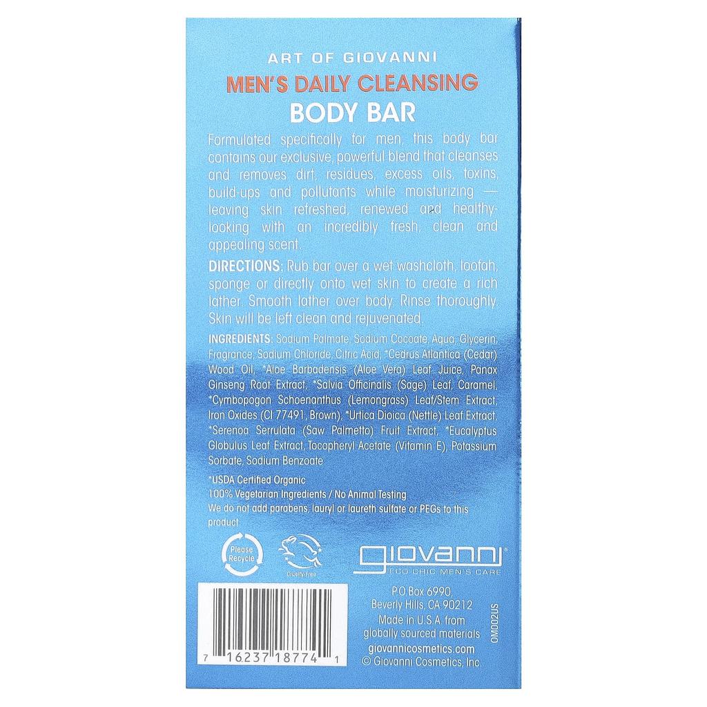 Giovanni Art of Giovanni, Men's Daily Cleansing Body Bar with Ginseng and Eucalyptus, 5 Oz (141 G)