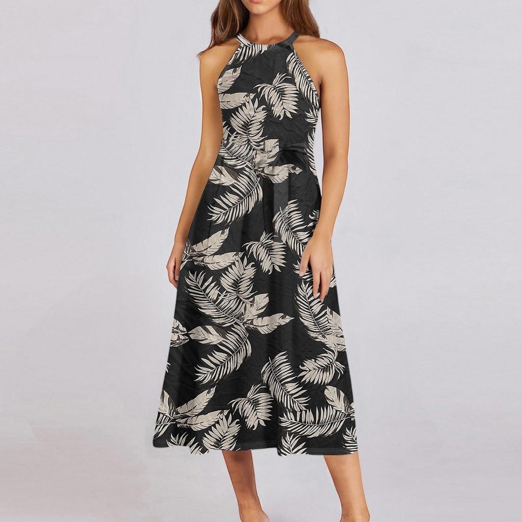 Женское повседневное платье миди с круглым вырезом, классическое, повседневное, без рукавов, свободное платье в стиле бохо с завязками, летний пляжный сарафан