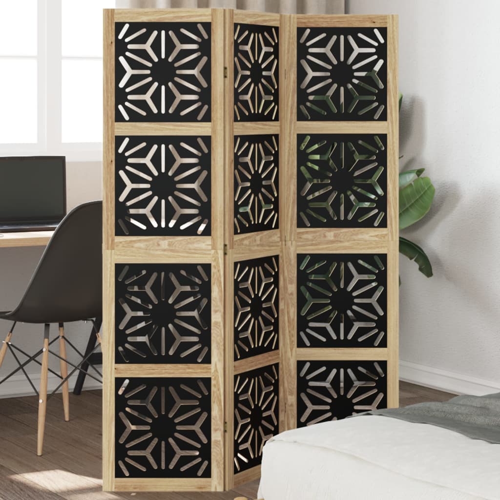 3 Panel Room Divider Brown and Black Solid Wood Paulownia