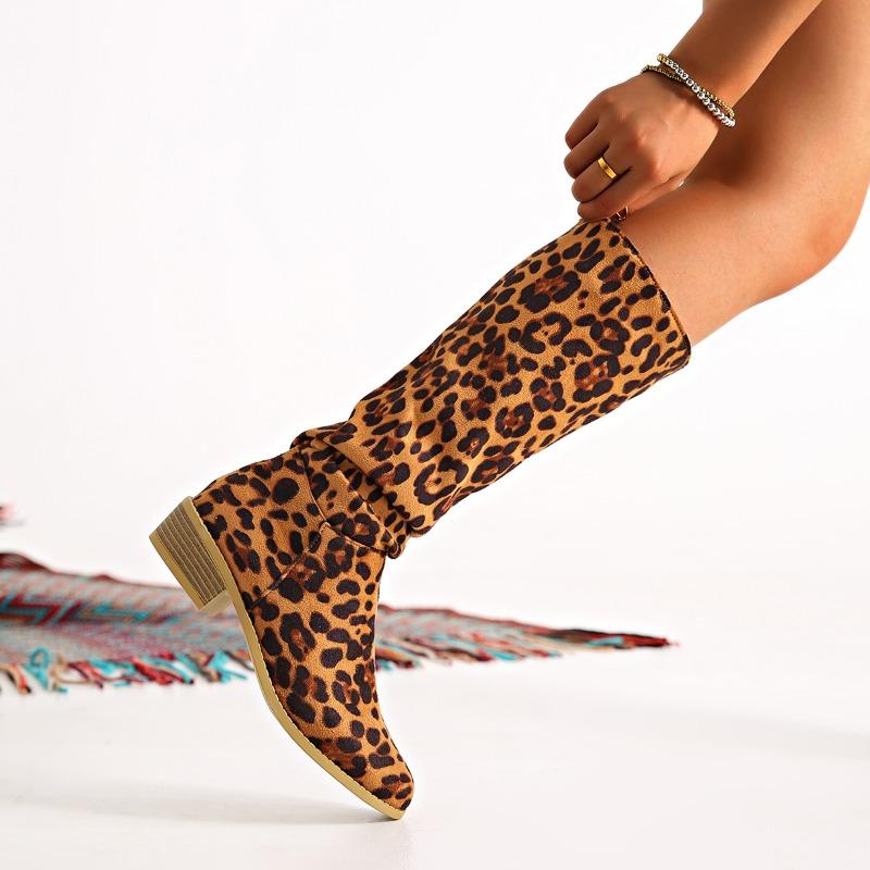 2024 г. Модные женские сапоги до колена с леопардовым принтом, с толстым каблуком и текстурой под дерево, новые зимние сапоги, женская обувь