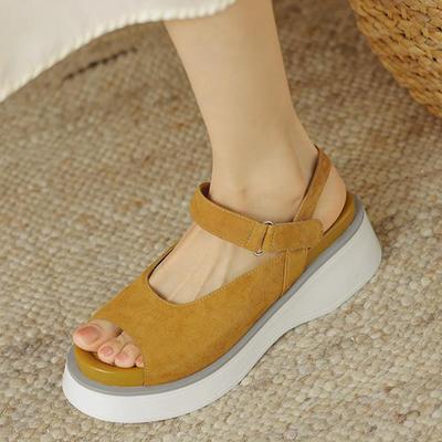 Замшевые летние туфли на плоской платформе с открытым носком, однотонные женские сандалии на толстой подошве с петлей на крючках