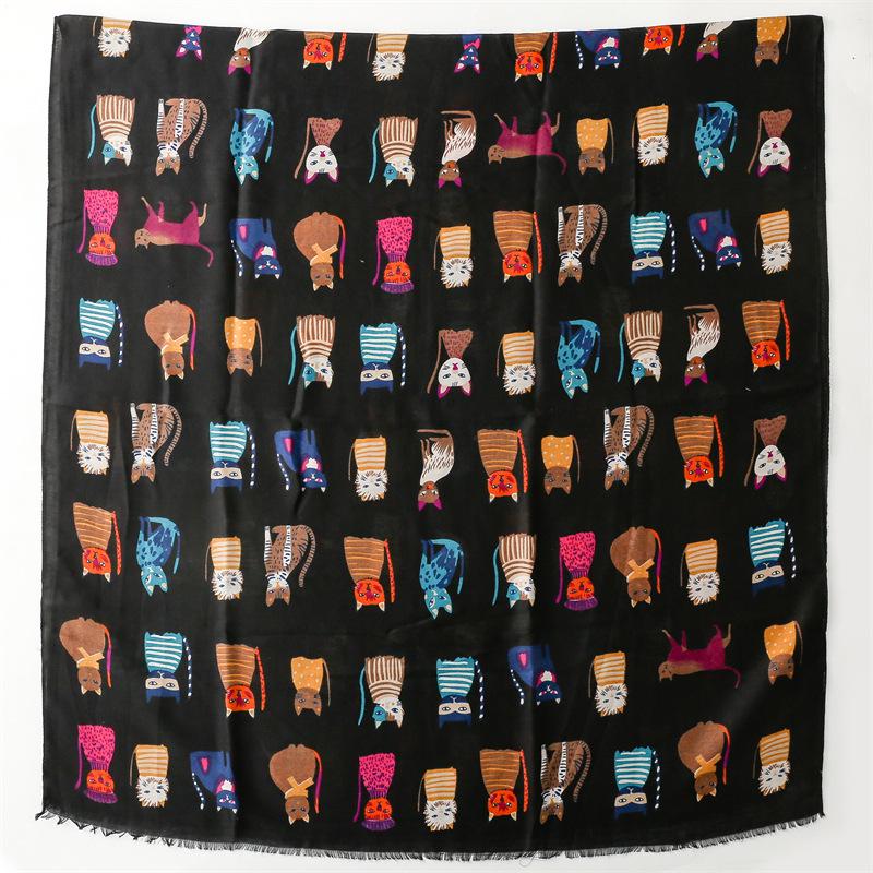 Осенне-зимний хлопково-льняной шелковый шарф: Модный шарф с мультяшным принтом котенка для женщин