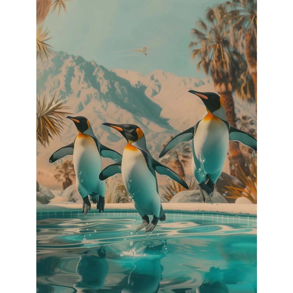 Leopard Penguins Zebra Flamingo Lion Pig in The Swimming Pool Poster Print Wall Art Canvas Painting Picture Room Home Gift