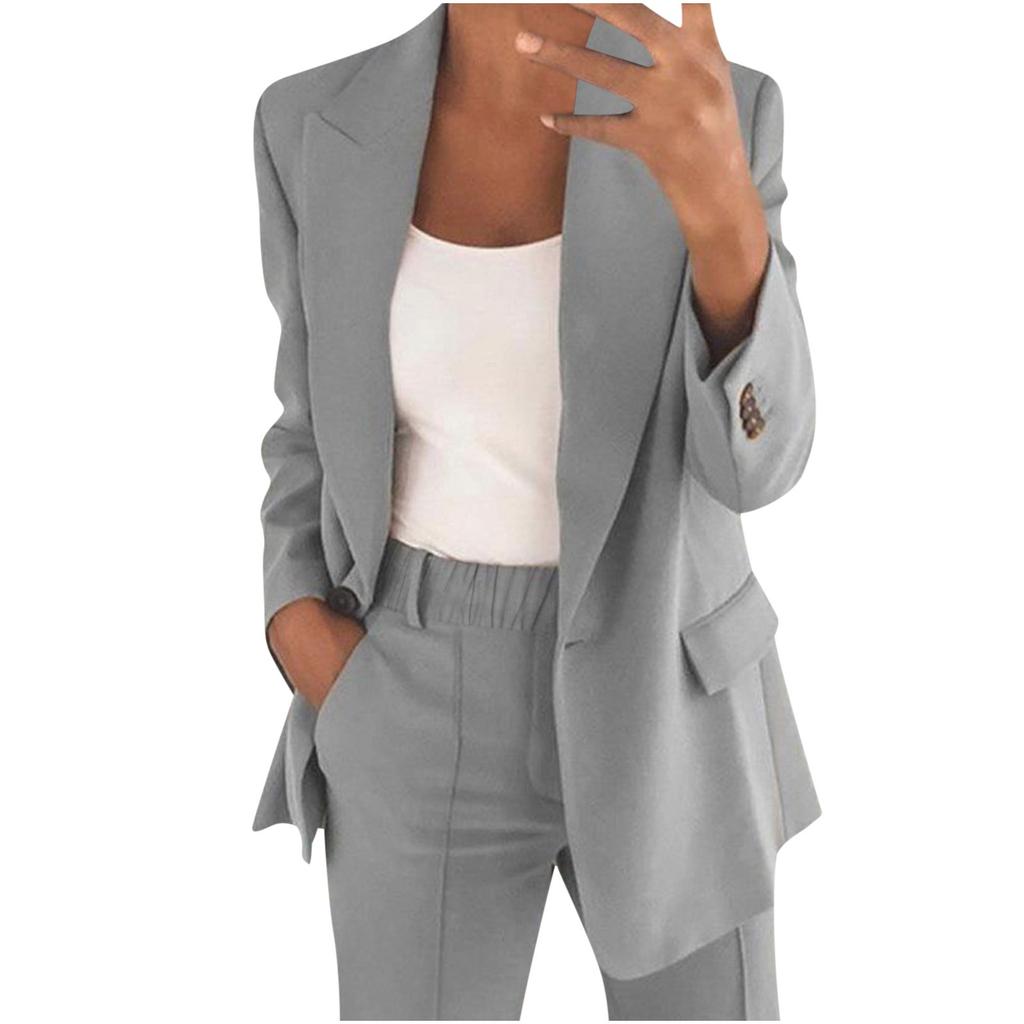 Women's Casual Long Sleeve Solid Color Lapel Cardigan Suit Jacket Pants Suit