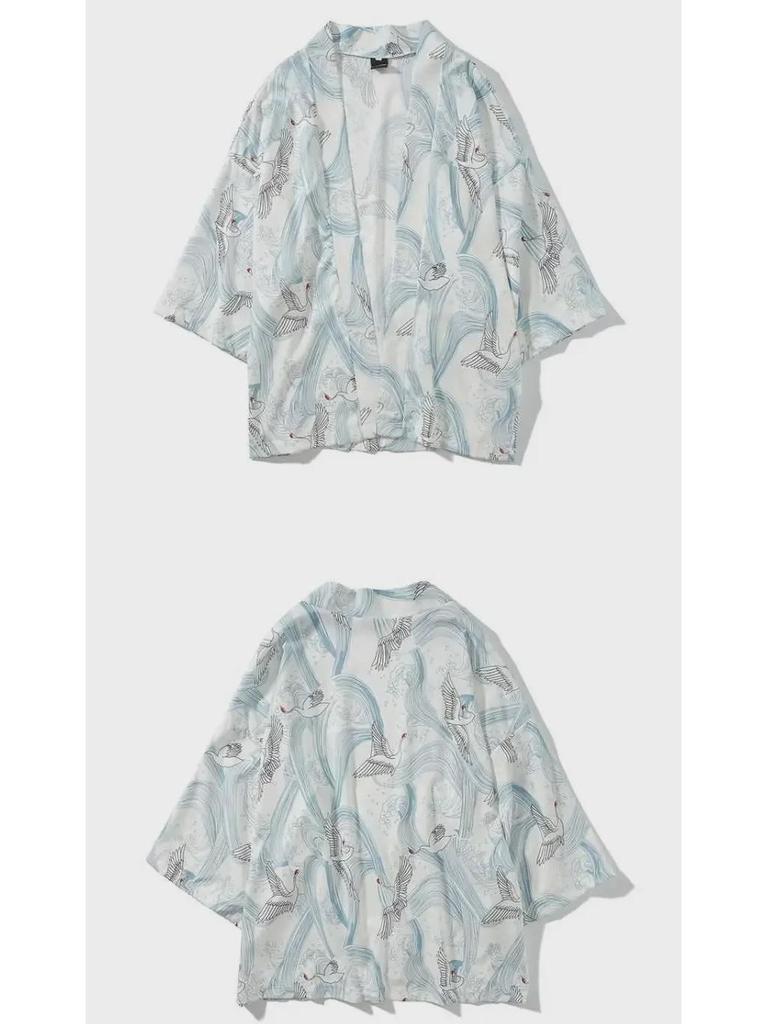 Унисекс японский ретро-кимоно-кардиган Ukiyoe - темный, свободный крой, рукав 3/4