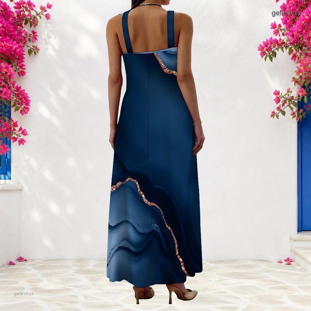 Women Plus Size Scoop Neck Strappy Sleeveless Marble Printed Dark Green Navy A Line Long Maxi Dress