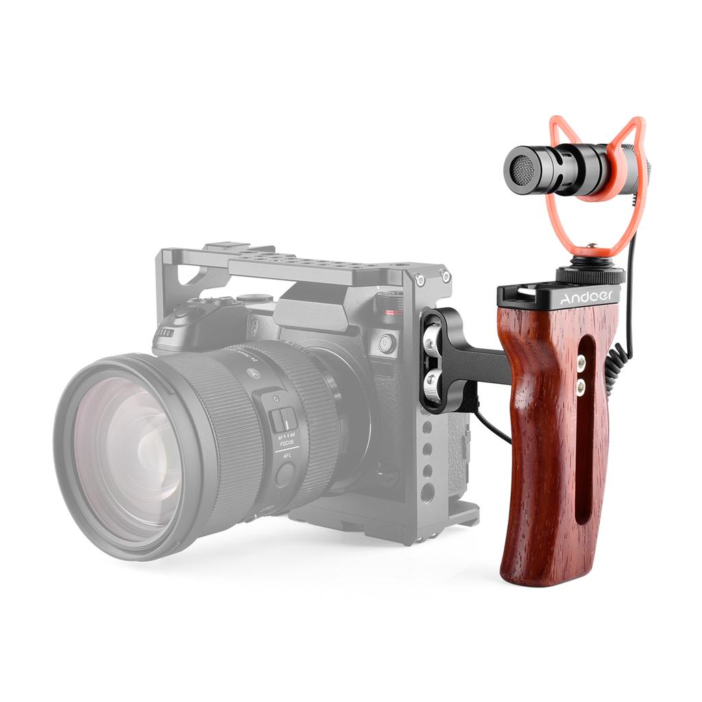 Andoer Universal Camera Cage Wooden Handle Left/Right Side Hand Grip with Cold Shoe Mount 1/4 Inch