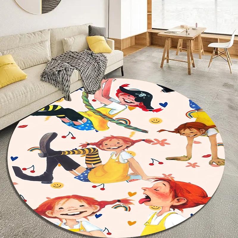 Круглый ковер с изображением мультфильма Пеппи Длинныйчулок, Ковер для гостиной, спальни, дивана, игровой комнаты, Нескользящий коврик Q0030