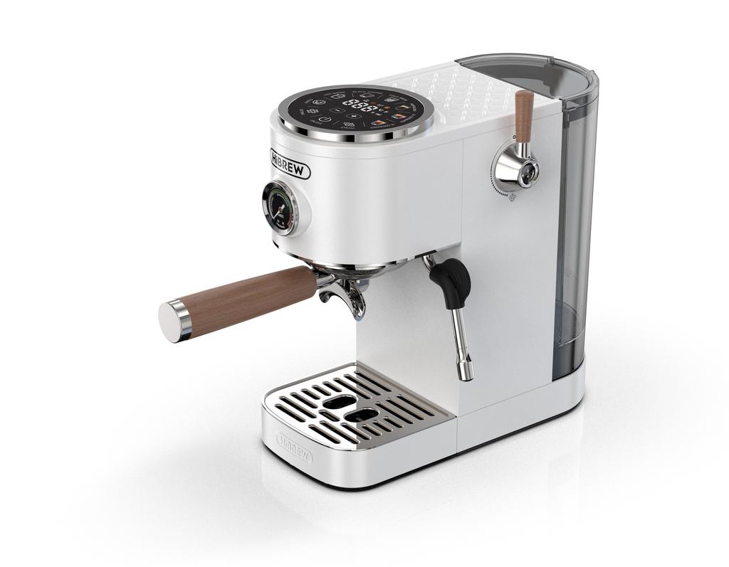 HIBREW H13 20-Bar Semi-Automatic Espresso Machine featuring dual temperature control,dual boilers,large touchscreen,solid wood steam wand.