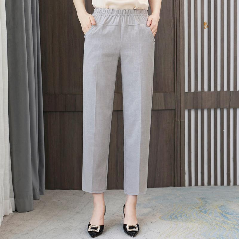 Summer High Waist Straight Pants for Women Plus Size Classic Elastic Waist Cotton Linen Trousers