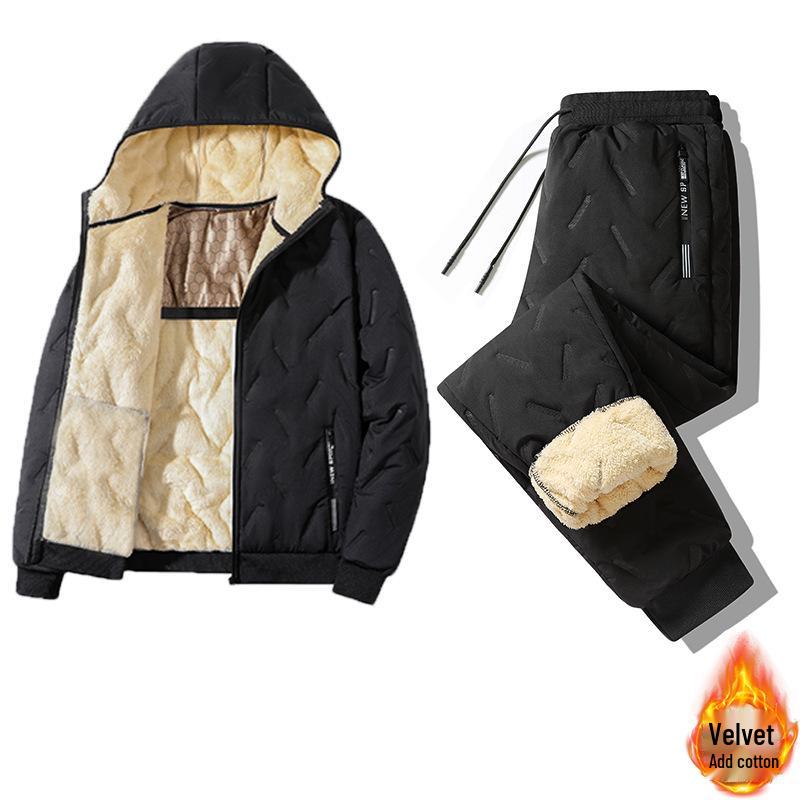 Мужской зимний комплект: куртка с капюшоном из овечьей шерсти и хлопковые брюки - с подкладкой из искусственного меха, утепленный, большого размера.