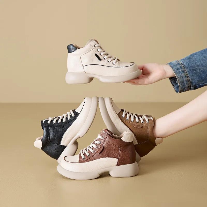 Женские ботинки из натуральной кожи, осенняя женская обувь с высоким берцем, износостойкая повседневная обувь 2024 года, новая модная универсальная женская обувь для активного отдыха