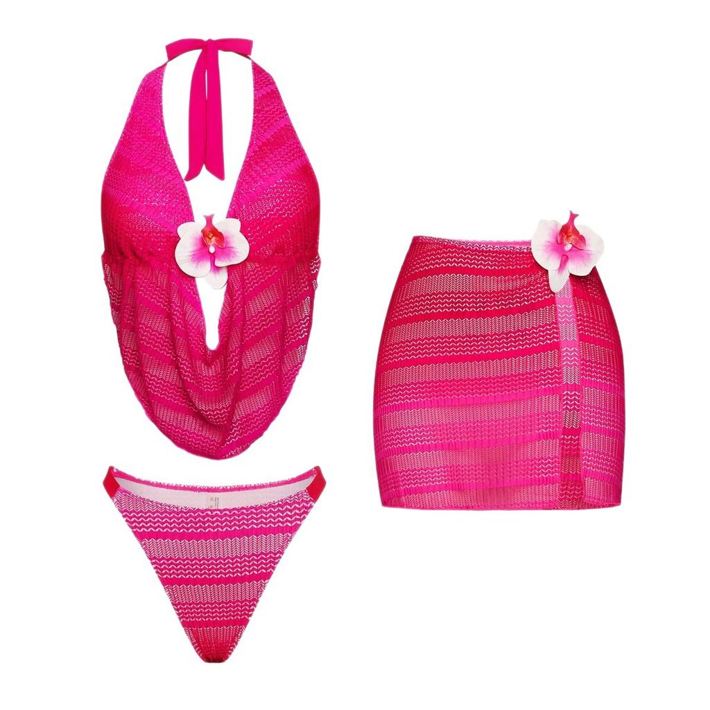 European and American Spice Girls Three-piece Swimsuit Female Sexy Hollow Neck Bikini Skirt Set Swimsuit