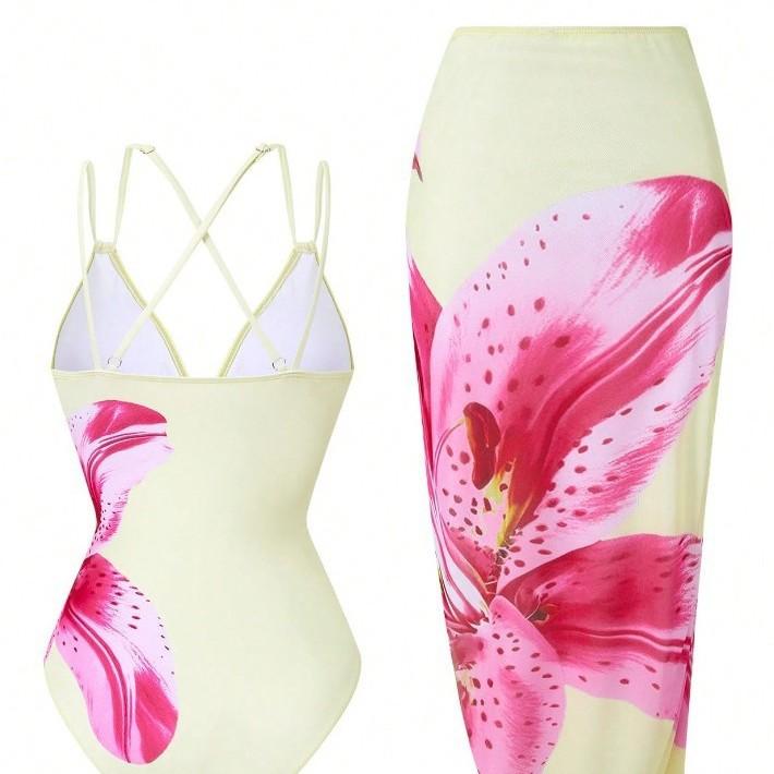1011 new European and American style sexy one-piece swimsuit charm lily fixed print swimsuit