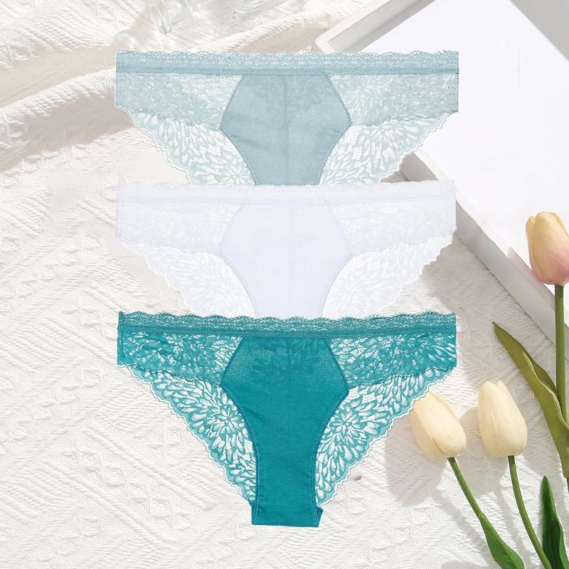 3Pcs/Set Women Sexy Lace Panties Transprant Hollow Out Low Waist Briefs Female Solid Soft Breathable Comfort Underwear Lingerie