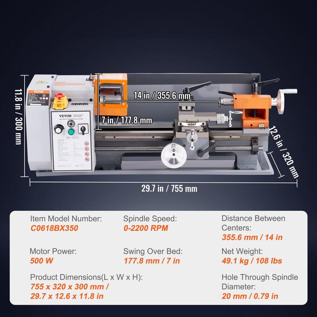 Metal Lathe Machine, 7'' x 13.78'', Precision Benchtop Power Metal Lathe, 0-2200 RPM Continuously Variable Speed, 500W Brush Motor Metal Gears, with