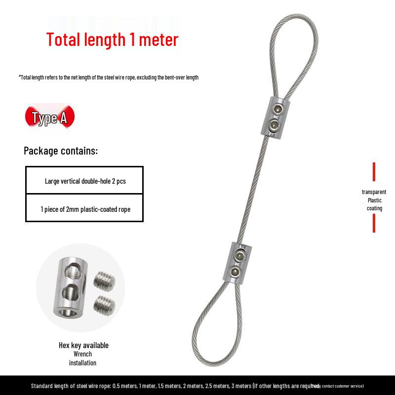 Plastic-coated steel wire rope with aluminum sleeve and stainless steel buckle for hanging and locking.