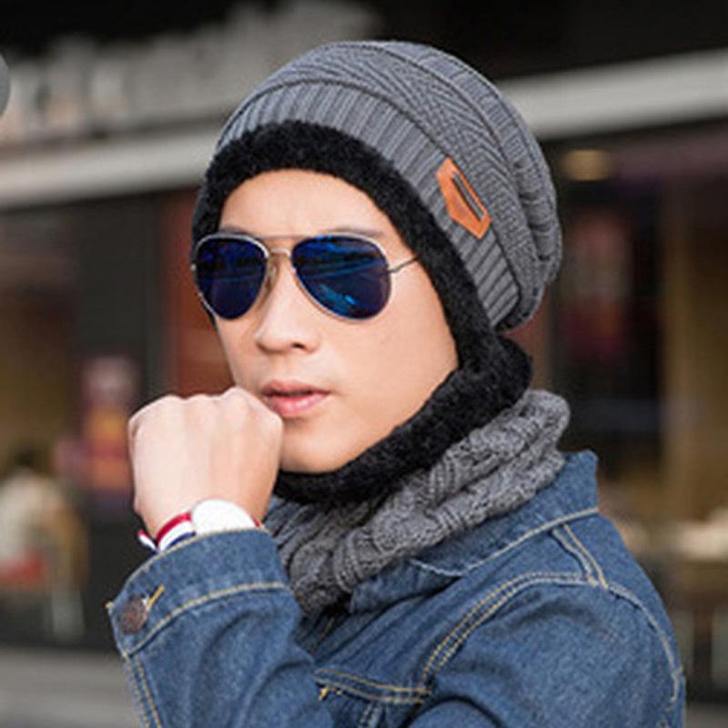 Men's Fleece Knitted Scarf Hat 2-piece Set Trendy Women's Warm Wool Hat Winter Student Cycling Cold