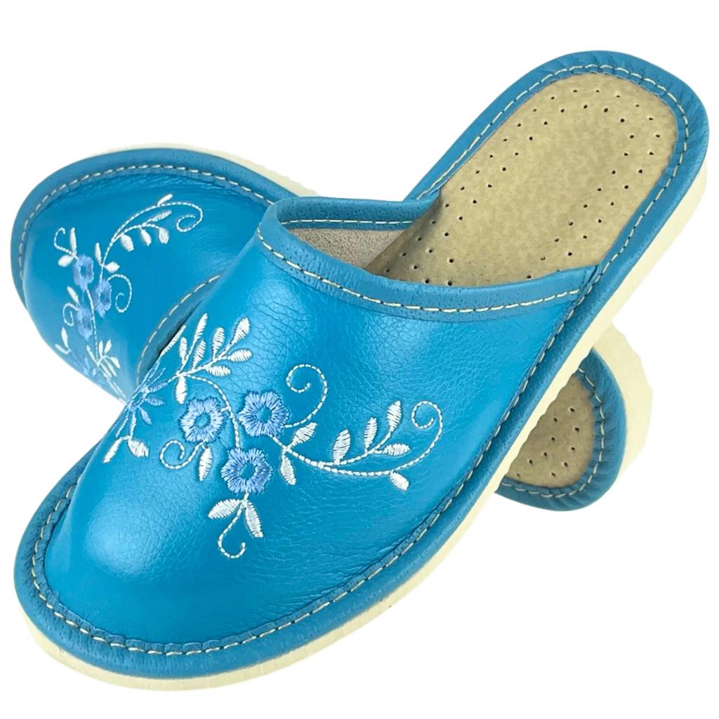 Covered blue women's slippers with floral motifs, comfortable women's slippers 35