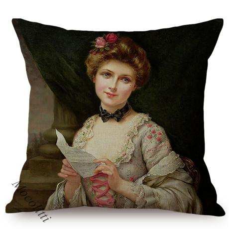 Woman In Love Vintage Oil Painting Art Pillow Case Beautiful Girl Reading Love Letter Sofa Decorative Cushion Cover Cojines