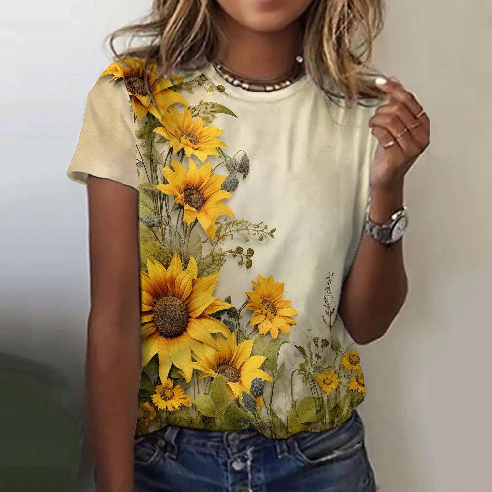 Ladies' Loose Summer Elegant Retro Women's Clothing 3D Printed Sunflower Top Short Sleeved T-shirt