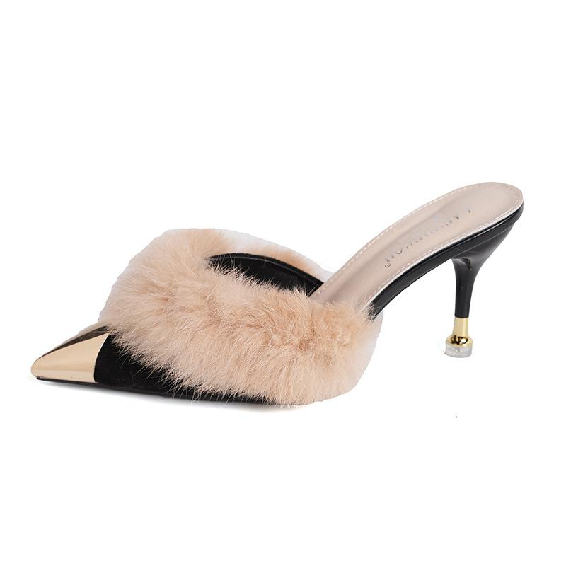 Осень и зима новая корейская версия остроносый низкий каблук сумка голова плюшевые женские классные тапочки знаменитости интернет мода домашняя одежда тапочки женские